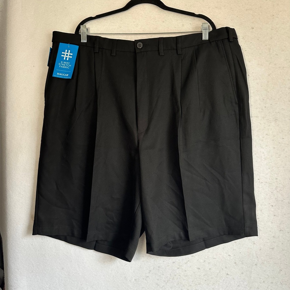 Haggar Cool 18 Pro Gabardine Shorts Mens 46 Black Pleated Expandable HS90439 NWT